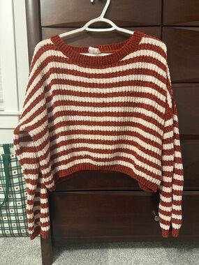 Sadie & Sage Rust and Cream Striped Cropped Crewneck Sweater